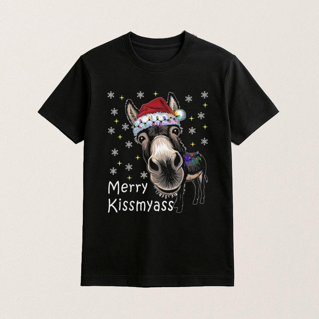 Donkey Santa Hat Merry Kissmyass T-Shirt Funny Apparel Christmas Gifts For Friends