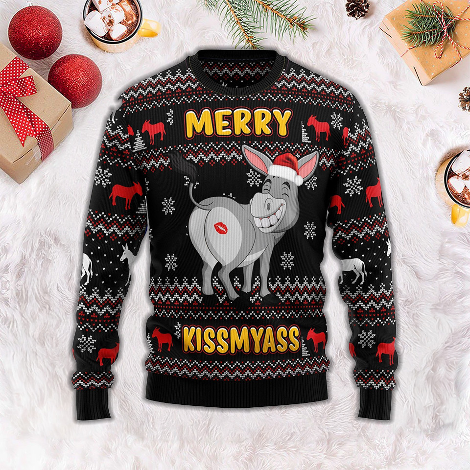 Donkeys Merry Kissmyass Ugly Christmas Sweater Funny Holiday Clothing Gifts For Christmas