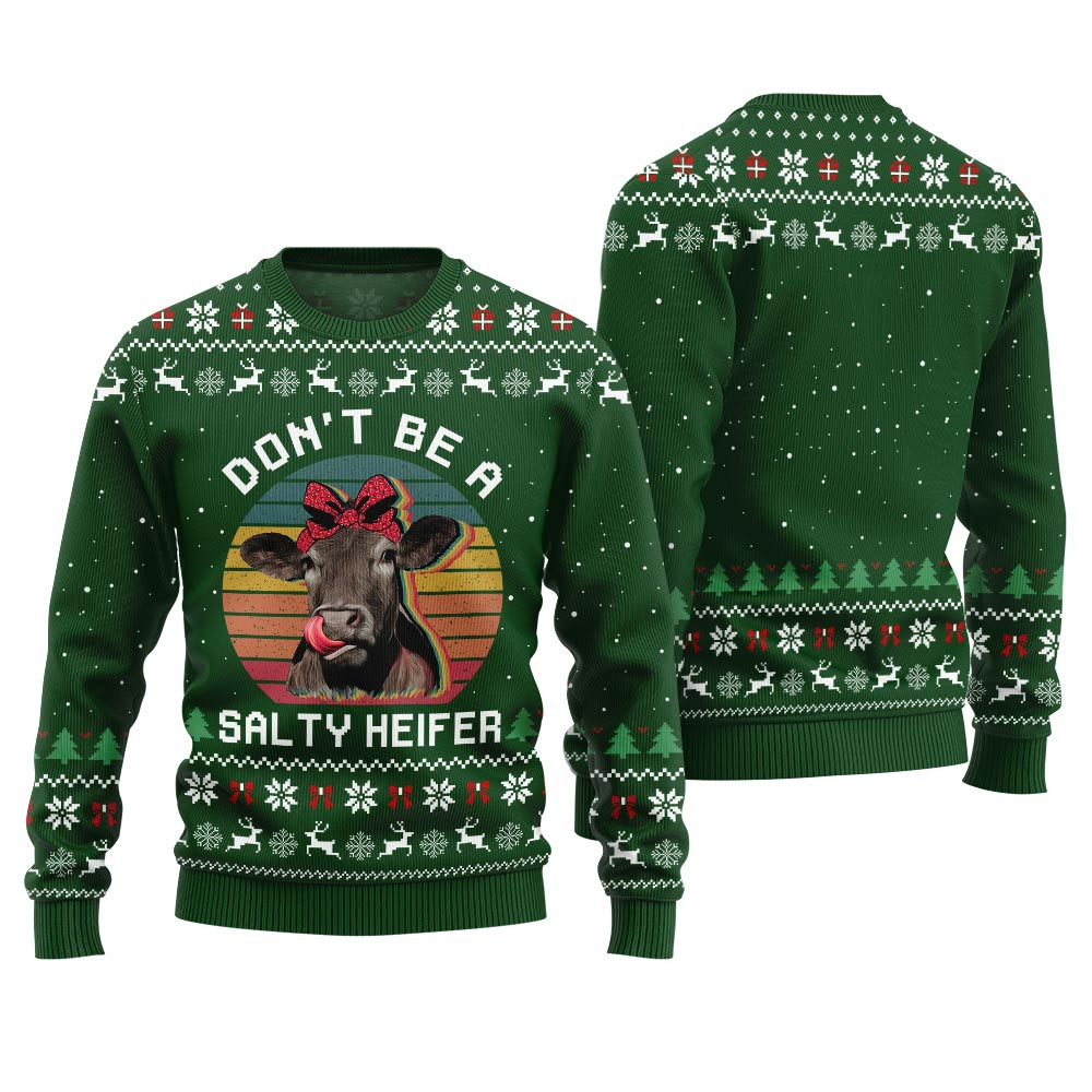 Dont Be A Salty Heifer Cow Christmas Sweater Forest Green Seasonal Gift Merch for Cozy Christmas Vibes