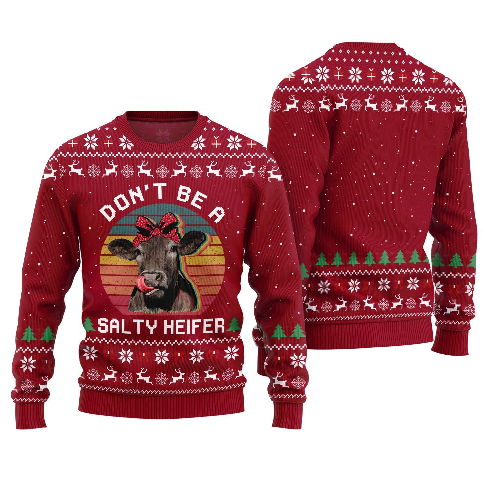 Dont Be A Salty Heifer Funny Cow Christmas Sweater Red Soft Cotton Sweatshirt for Winter Comfort