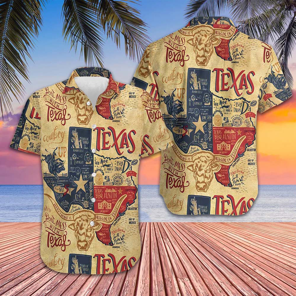 Don't Mess With Texas Longhorns Hawaiian Shirt Old Vintage State Of Texas Shirt For Men's Don't Mess With Texas Longhorns Hawaiian Shirt Old Vintage State Of Texas Shirt For Men's