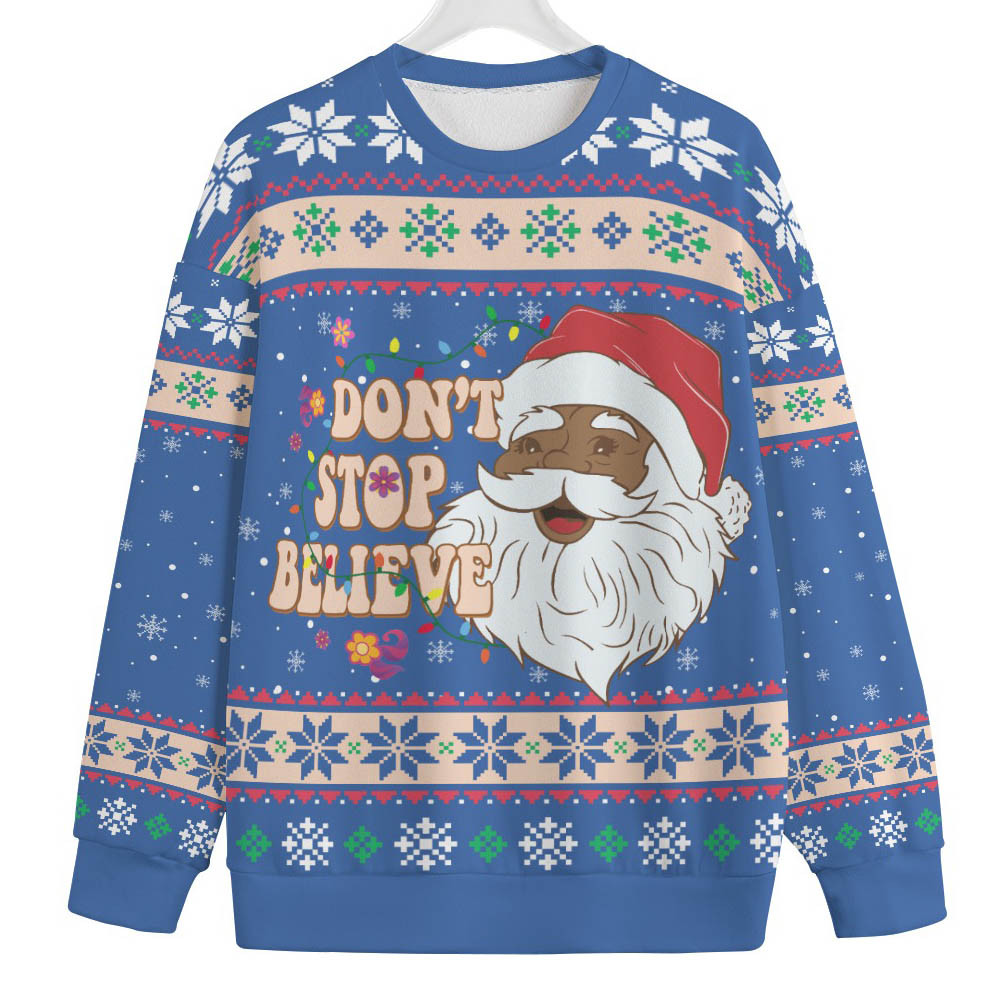 Dont Stop Believin African American Santa Mens Plus Size Christmas Sweater Trending Christmas Merch Gift 2025 Collection