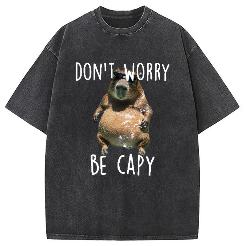Don't Worry Be Capy Meme Washed T-Shirt Funny Aesthetic Trendy Apparel Gifts For Friends