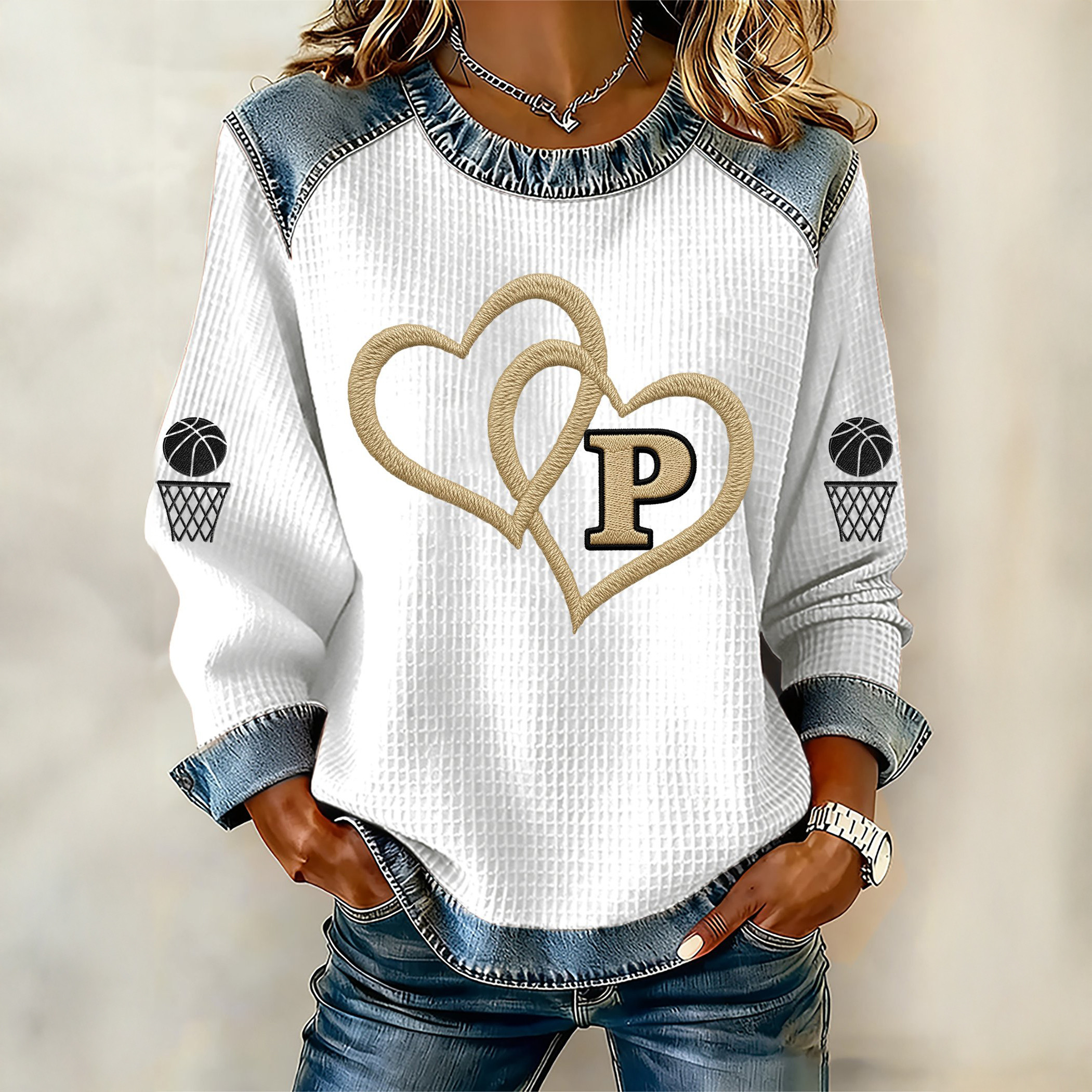 Double Heart Graphic Basketball Sweatshirt Game Day Clothing Basketball Lover Gift For Wife