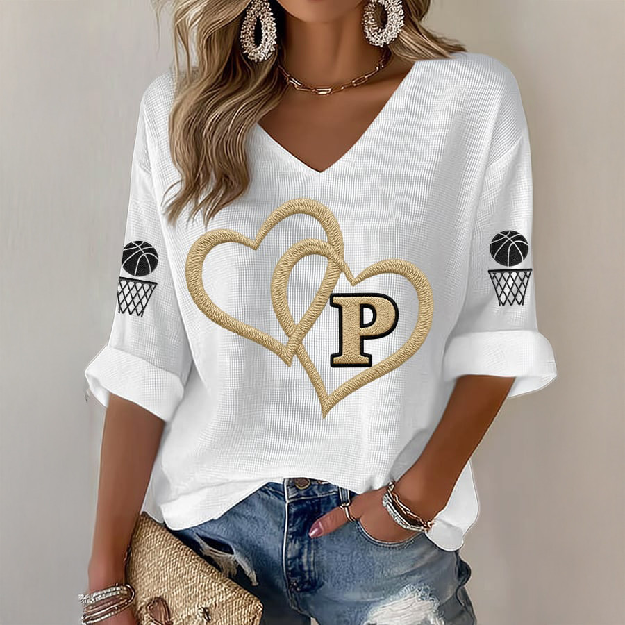 Double Heart Graphic Basketball V-Neck Long Sleeve Shirt Game Day Clothing Basketball Lover Gift