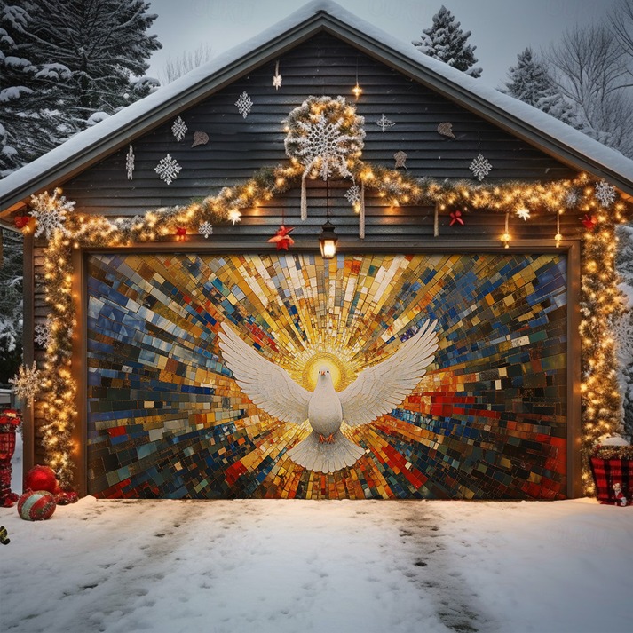 Dove Of Peace Christmas Garage Door Cover Mosaic Light Rays Xmas Religious Gara Decorations