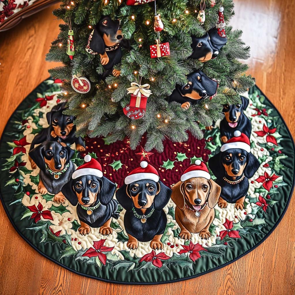 Doxie Delight Christmas Quilted Tree Skirt Classic Red and White Tree Skirt for Traditional Decor