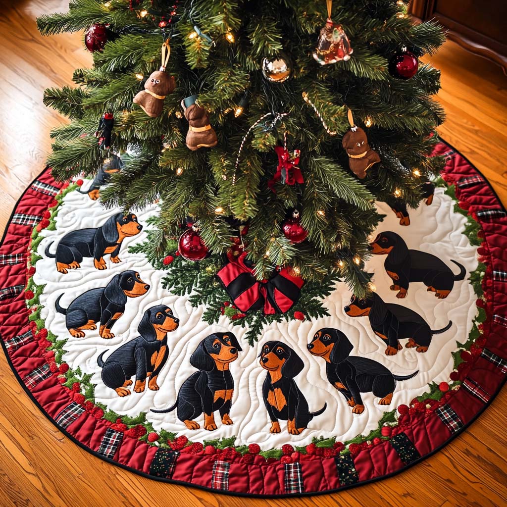 Doxie Delight Christmas Quilted Tree Skirt Holiday Tree Base Decoration Family Holiday Gathering Decor