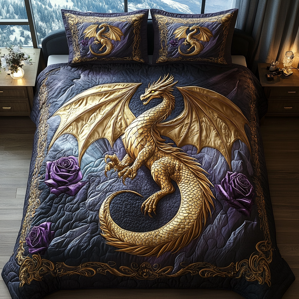 Draconic Majesty Quilted Bedding Set Bed Decor Dragon Gift Ideas