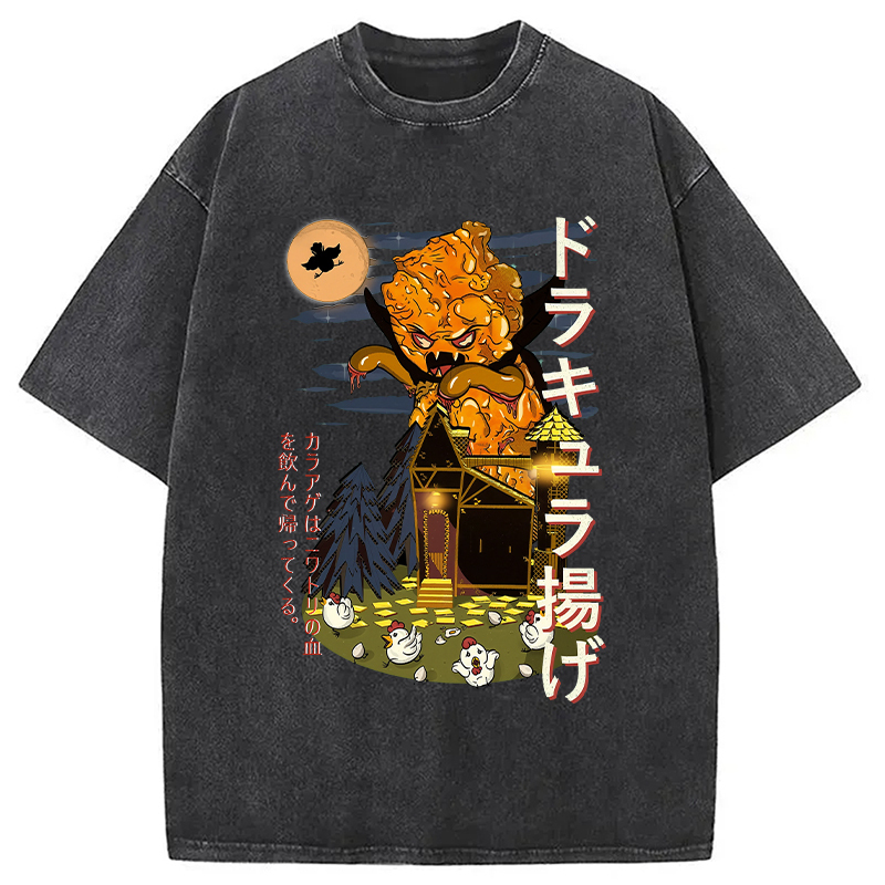 Dracula Karaage Attacking chickens Washed T-Shirt Classic Graphic Fashion Tee Gifts For Best Friend