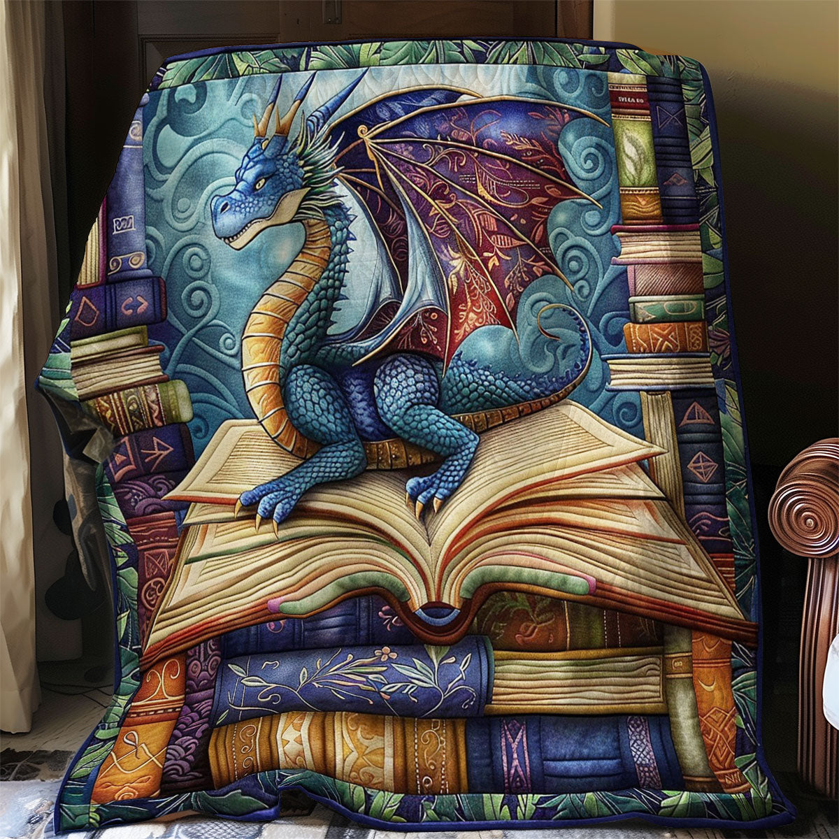 Dragon And Book Quilt Blanket Queen Size Blanket Birthday Presents For Dragon Lovers