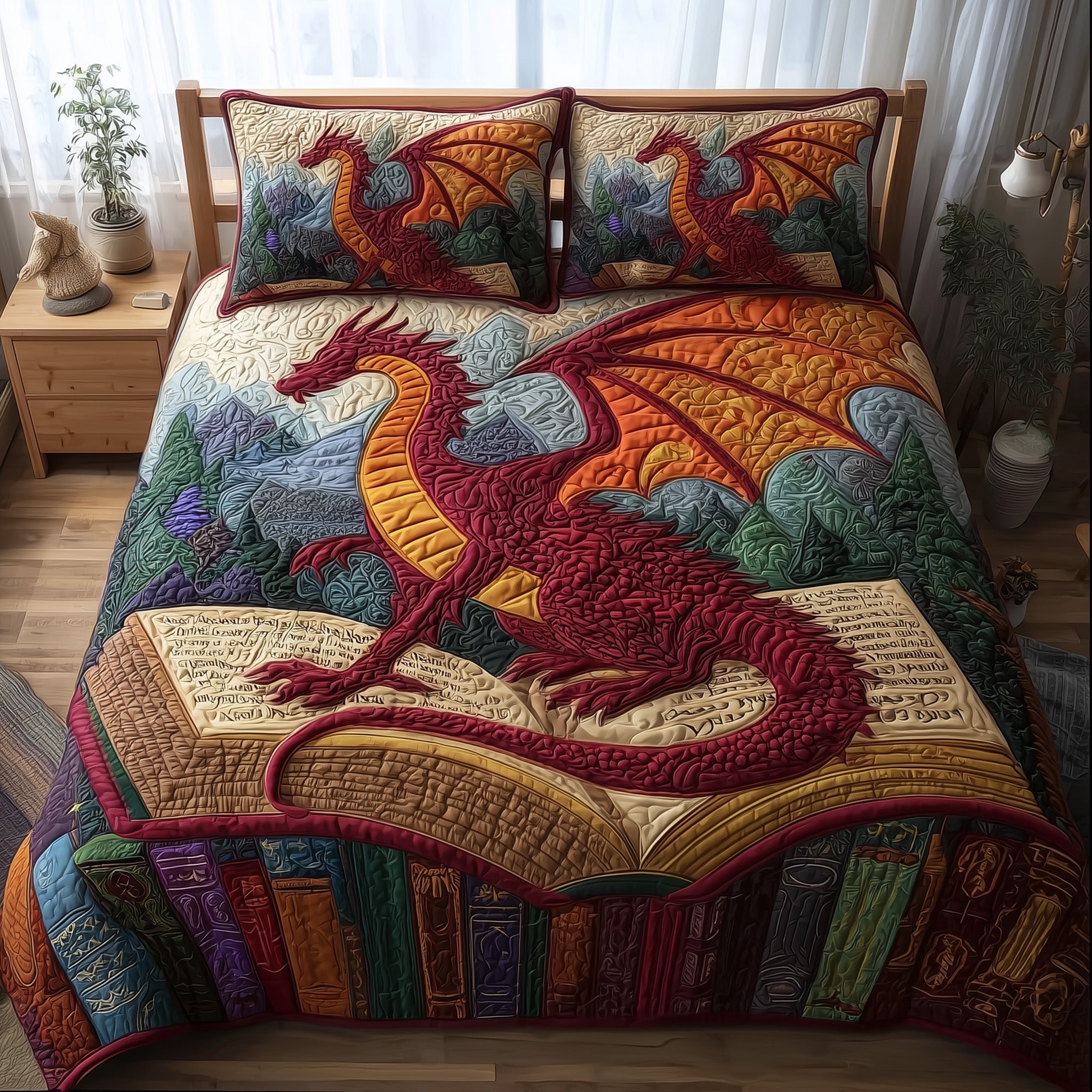 Dragon And Book Quilted Bedding Set Modern Design