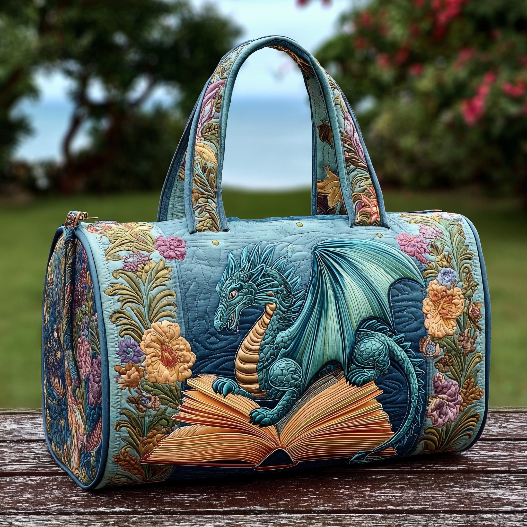 Dragon And Book Quilted Duffle Bag Compact And Spacious