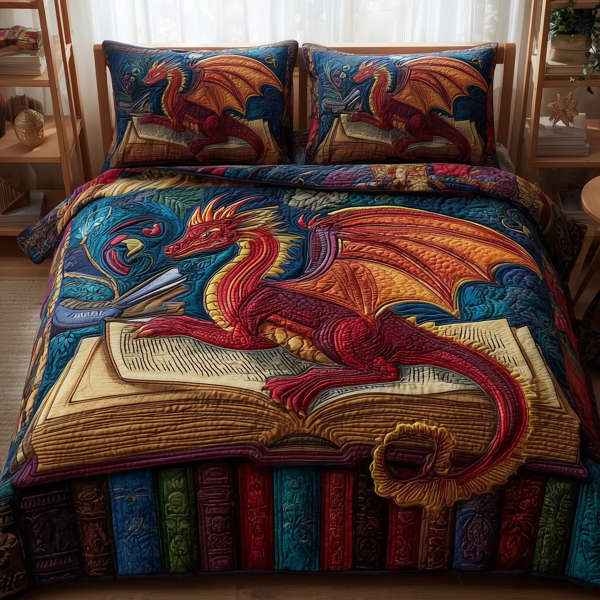 Dragon And Books Quilted Bedding Set Lightweight