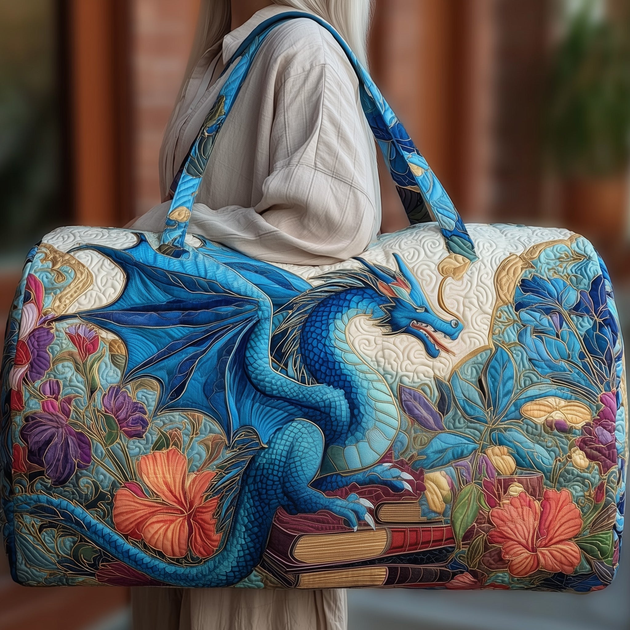 Dragon And Books Quilted Duffle Bag Easy To Clean Surface