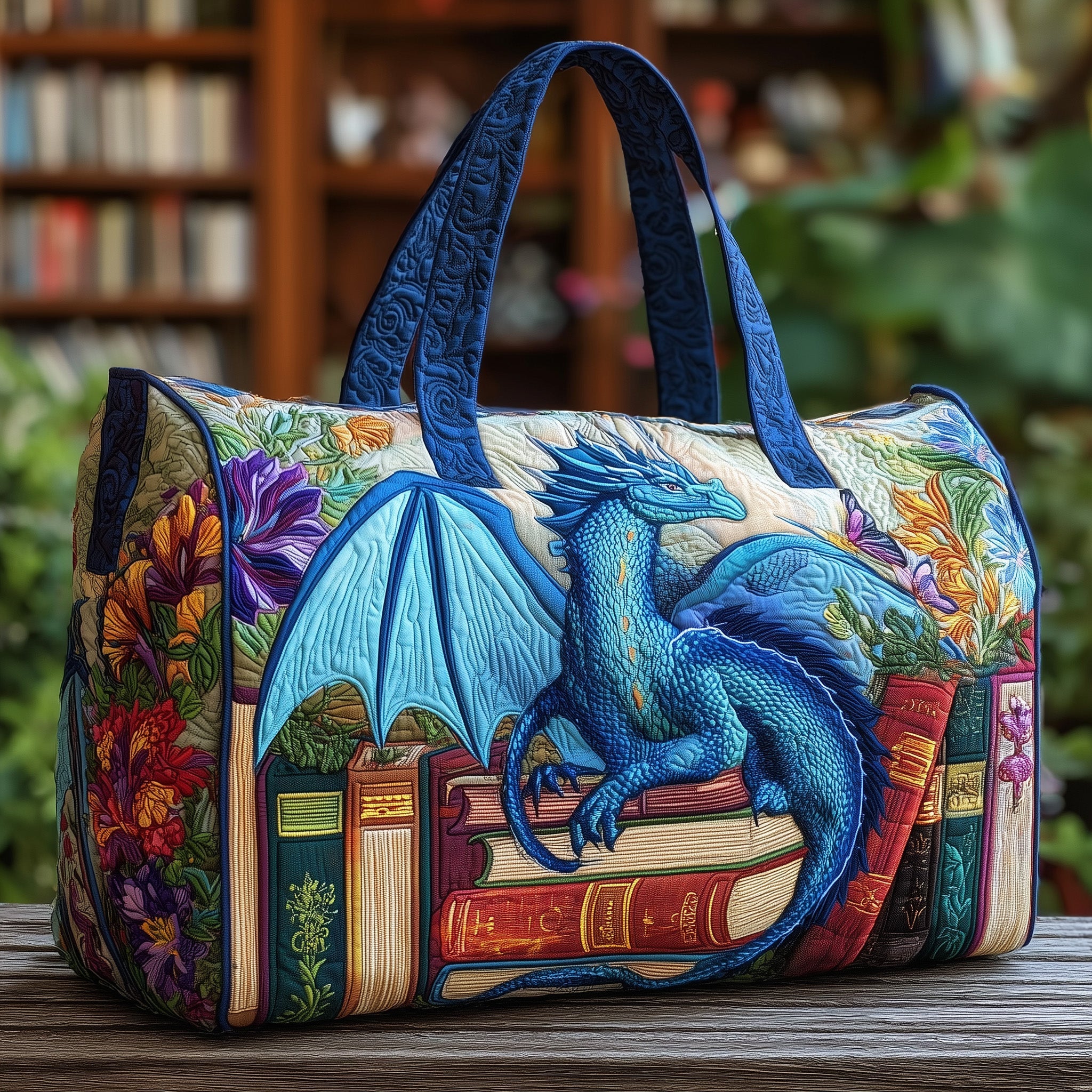 Dragon And Books Quilted Duffle Bag Organized Storage Pockets