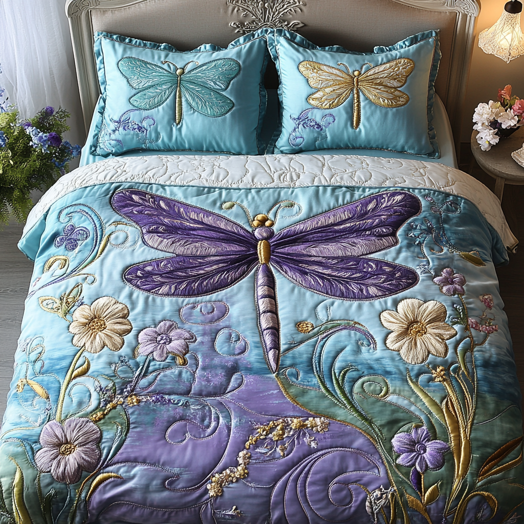 Dragon Bloom Quilted Bedding Set Best Bed Sheet Set Dragonfly Christmas Gifts