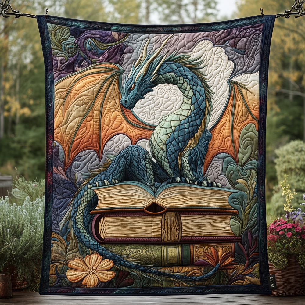Dragon Book Guardian Quilted Blanket Fantasy Bookworm Art Cozy Throw Best Gift For Dragon Book Lovers