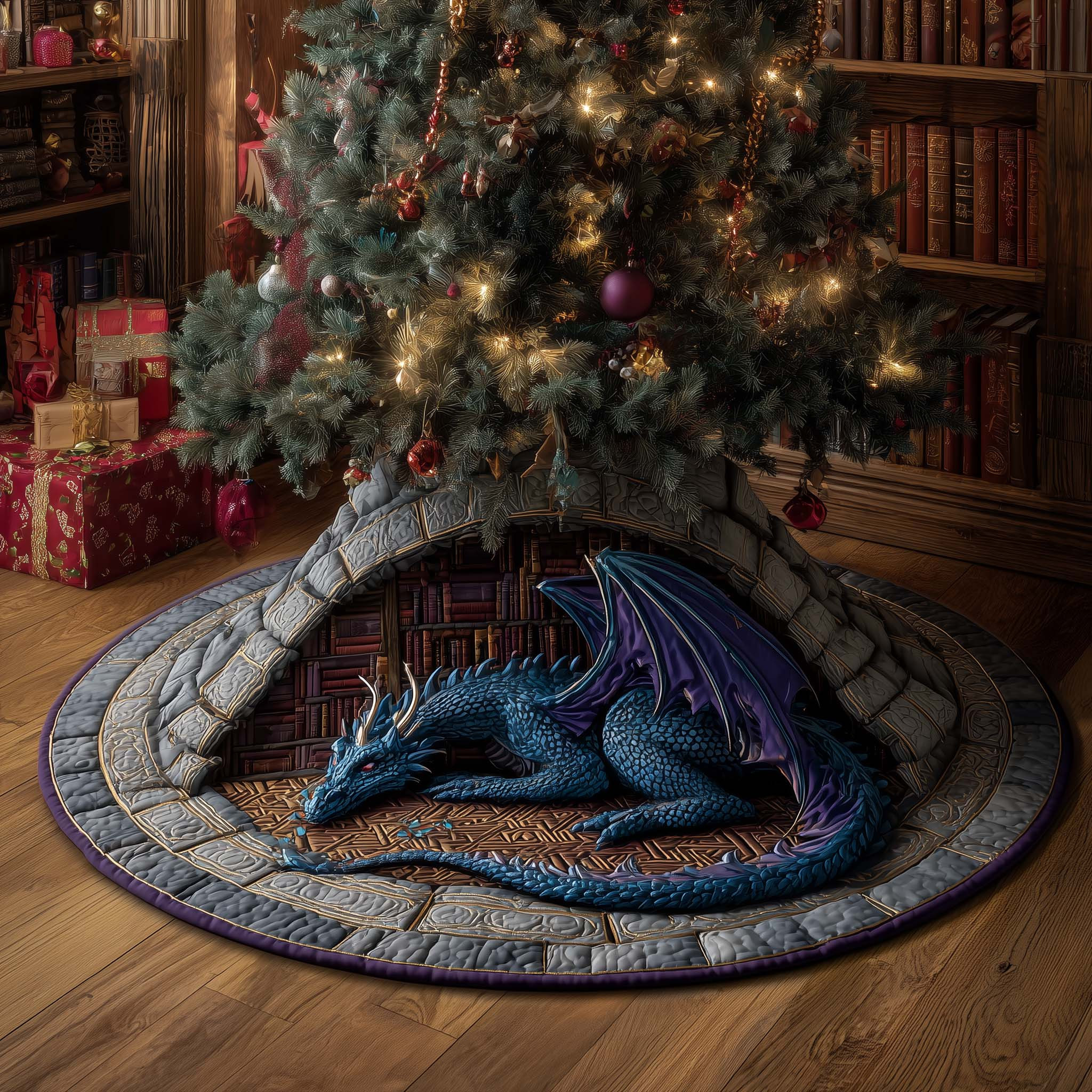 Dragon Bookshelf Christmas Quilted Tree Skirt Xmas Tree Base Cover Cozy Dragon Decor Gifts