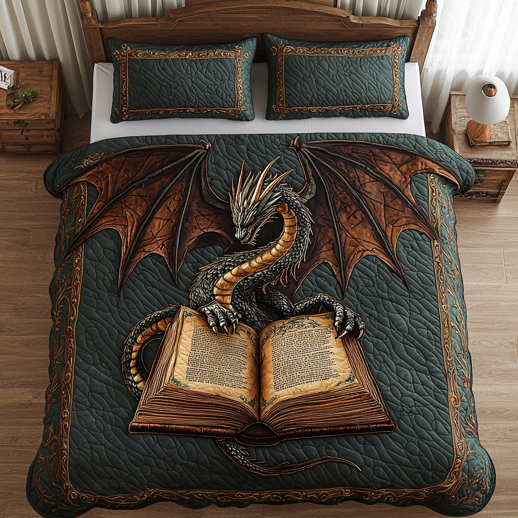 Dragon Bronze Book Quilted Bedding Set Bedspread Set Dragon Themed Gifts For Adults