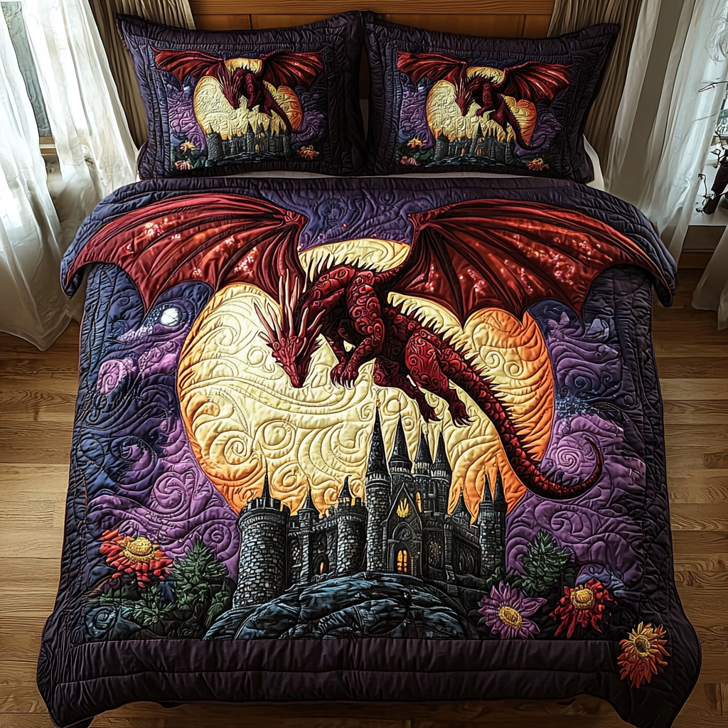 Dragon Castle Soar Quilted Bedding Set Best Comforter Sets Best Dragon Gifts