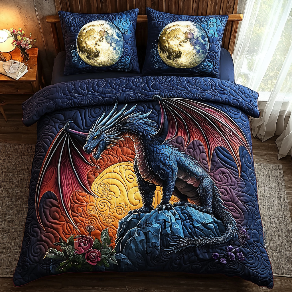 Dragon Cliff Quilted Bedding Set Aesthetic Room Decor Best Gifts For Dragon Lovers