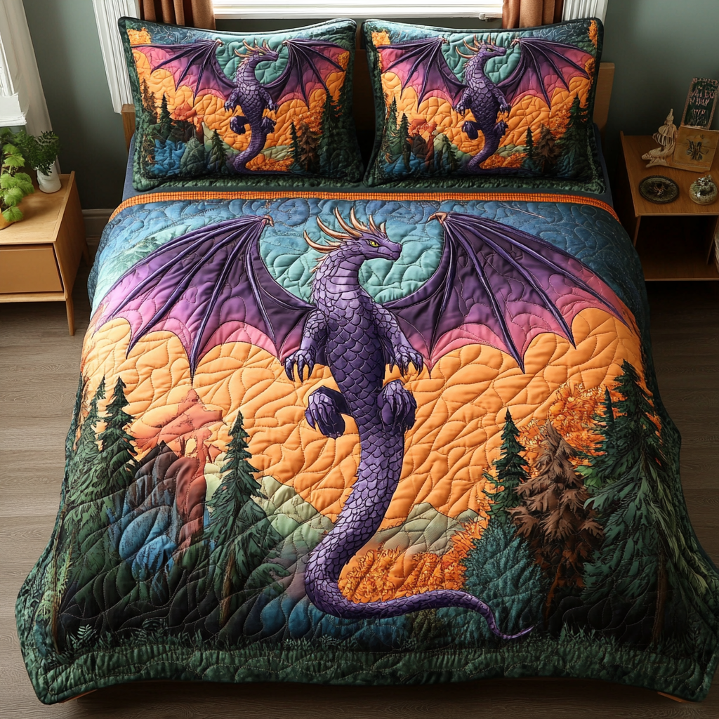 Dragon Dawn Quilted Bedding Set Bedspread Set Unique Best Gifts For DragonLovers