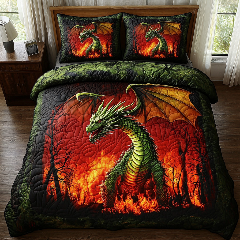 Dragon Fire Quilted Bedding Set Duvet Cover Bed Sheet Set Dragon Gifts For Men