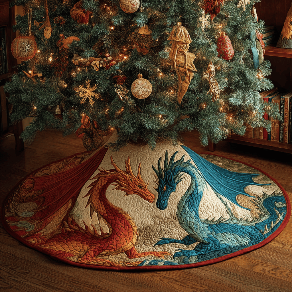 Dragon Flame Christmas Quilted Tree Skirt Fantasy Themed Dragon Lover Christmas Gifts