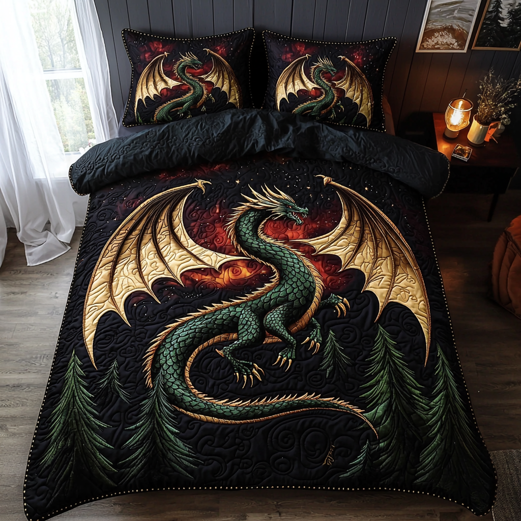 Dragon Flame Quilted Bedding Set Cozy Bedroom Decor Gift For Dragon Lover