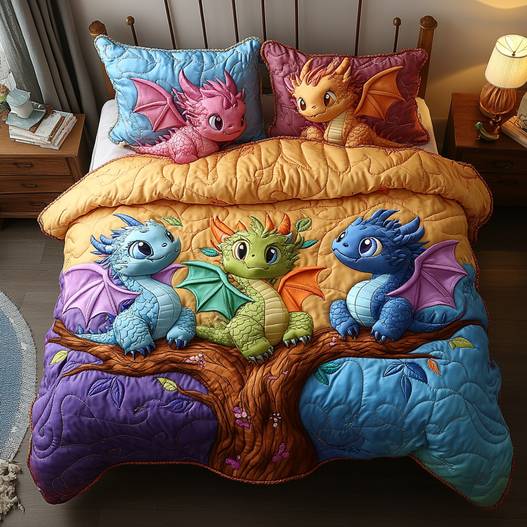 Dragon Flight Quilted Bedding Set Best Bed Sheet Set Great Dragon Lover Gift Ideas