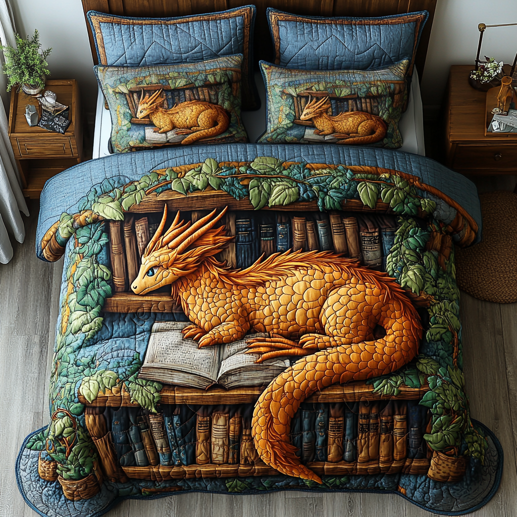 Dragon Flight Quilted Bedding Set Cute Bedroom Decor Dragon Themed Gifts For Adults