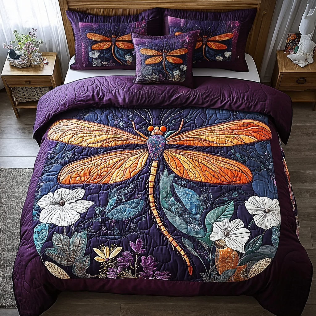 Dragon Glow Quilted Bedding Set Best Bed Sheet Set Dragonfly Gifts For Him