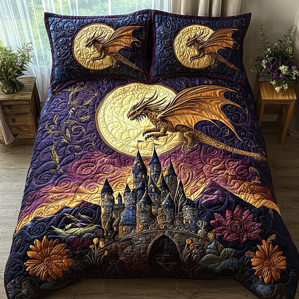Dragon Golden Castle Quilted Bedding Set Duvet Cover Bed Sheet Set Best Gift For Dragon Lovers