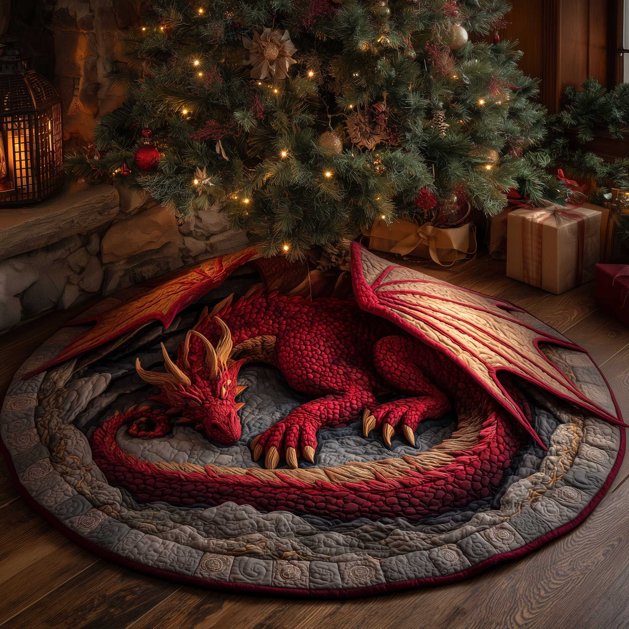 Dragon Guardian Christmas Quilted Tree Skirt Nice Christmas Tree Surround Dragon Gifts
