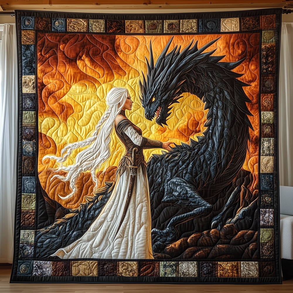 Dragon Guardian Warrior Quilted Blanket Fantasy Woman With Dark Dragon Throw Best Gift For Dragon Fans