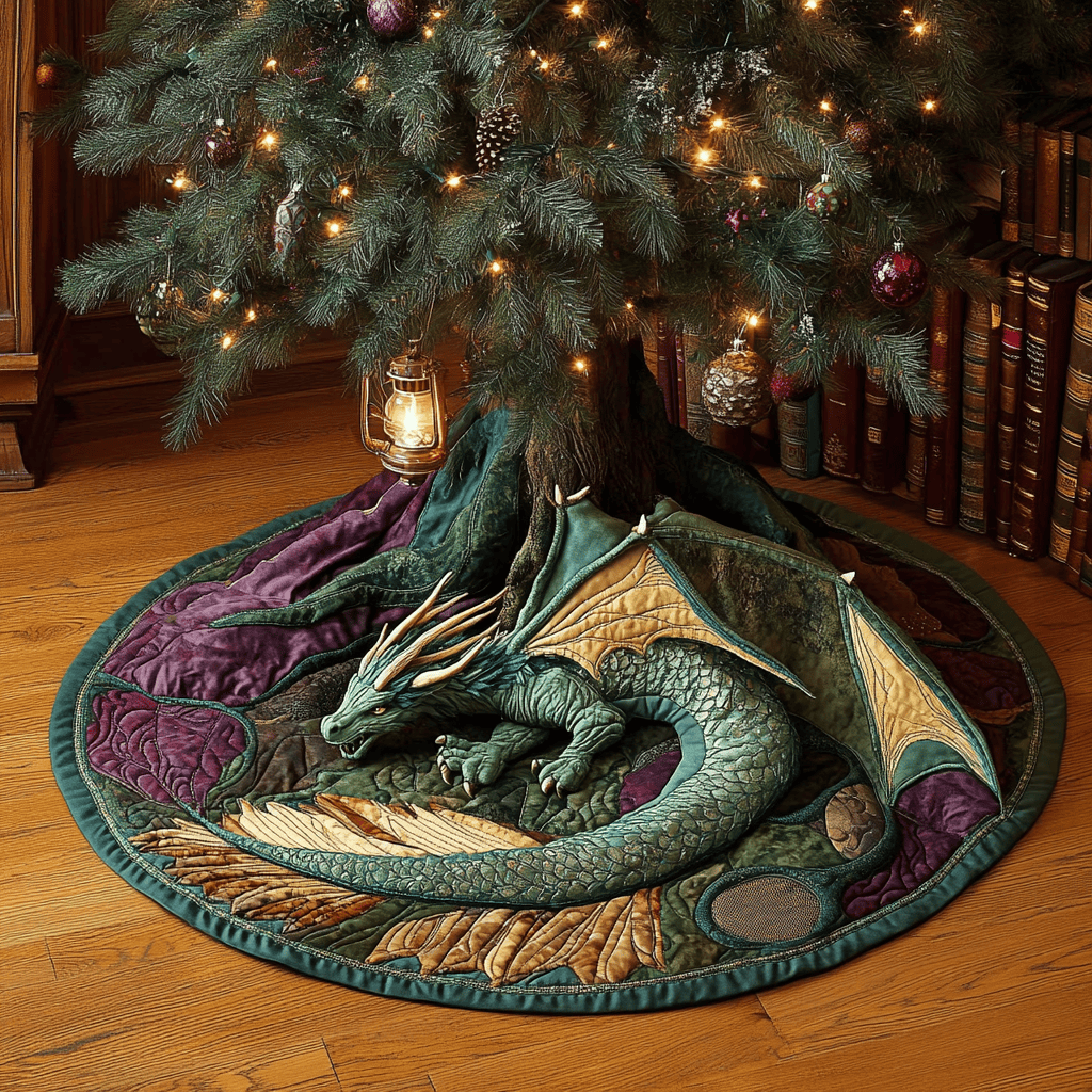 Dragon Haven Christmas Quilted Tree Skirt Fantasy Themed Christmas Gifts For Dragon Lovers