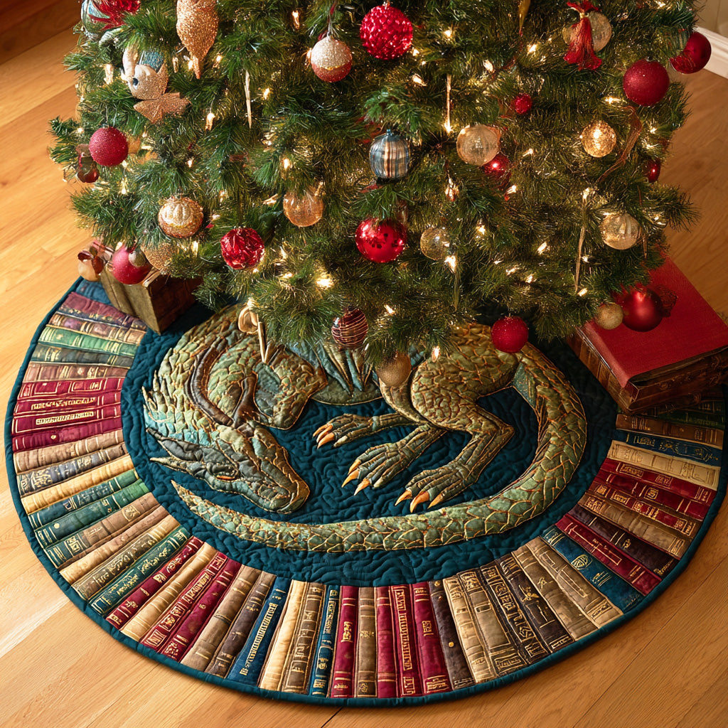 Dragon Library Flame Christmas Quilted Tree Skirt Xmas Decorations Gifts For Readers