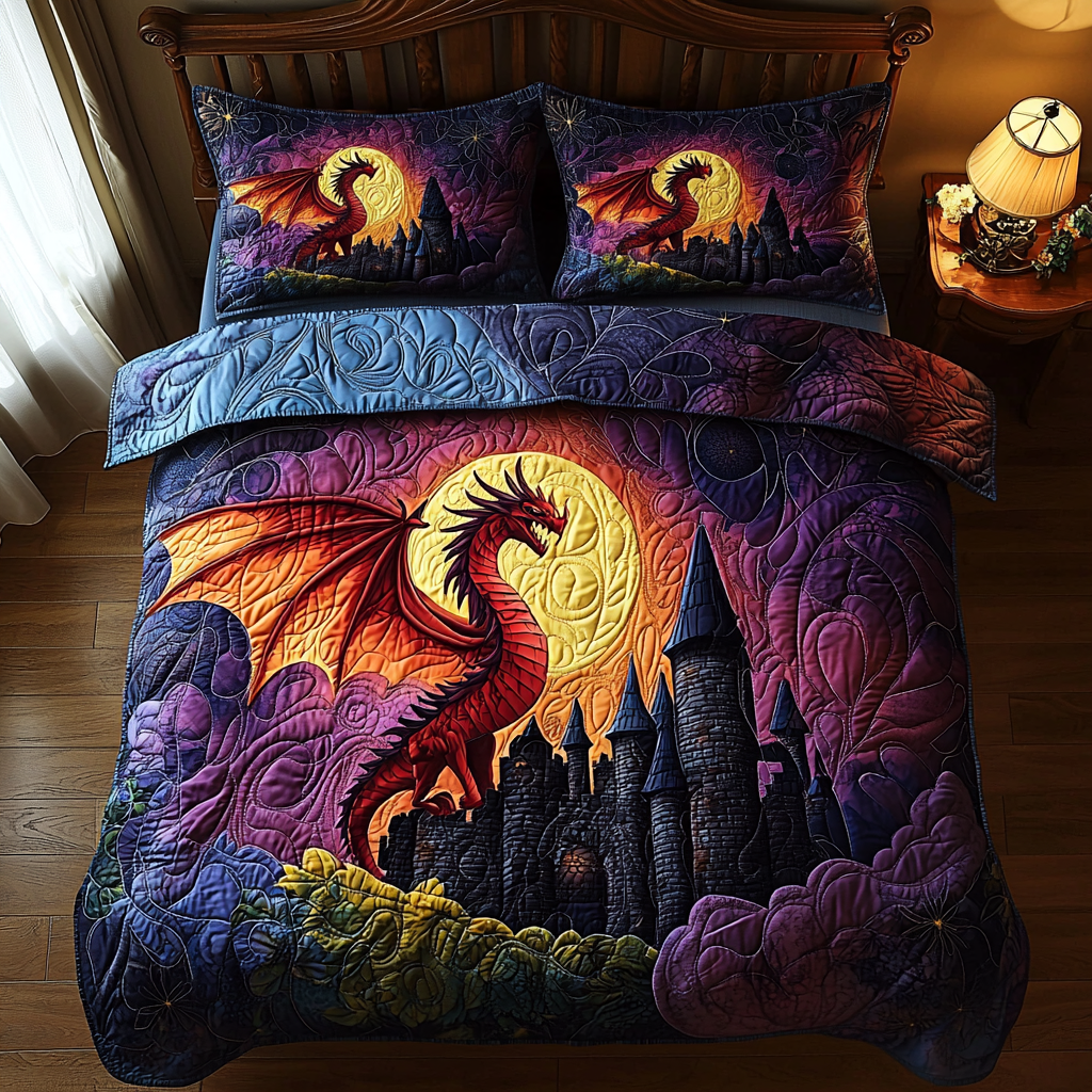 Dragon Moonlit Fortress Quilted Bedding Set Cozy Bedroom Decor Unique Dragon Gifts