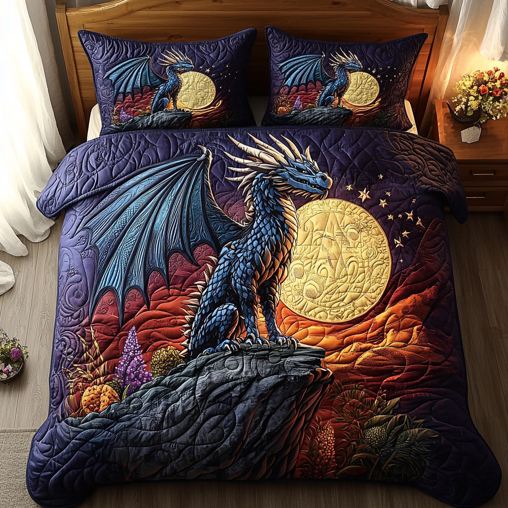 Dragon Mystic Forest Quilted Bedding Set Aesthetic Room Decor Dragon Gifts For Men