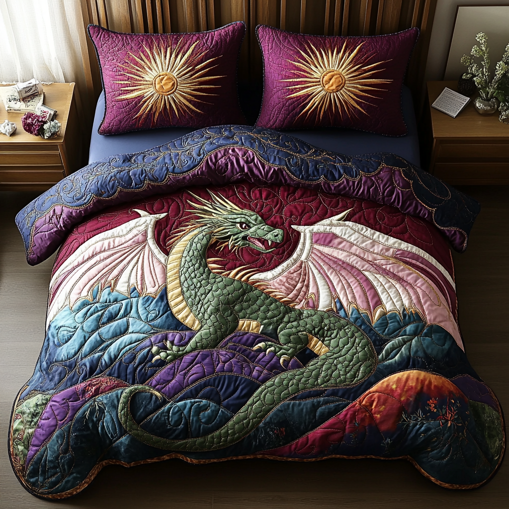 Dragon Myth Quilted Bedding Set Cozy Bedroom Decor Dragon Themed Gifts