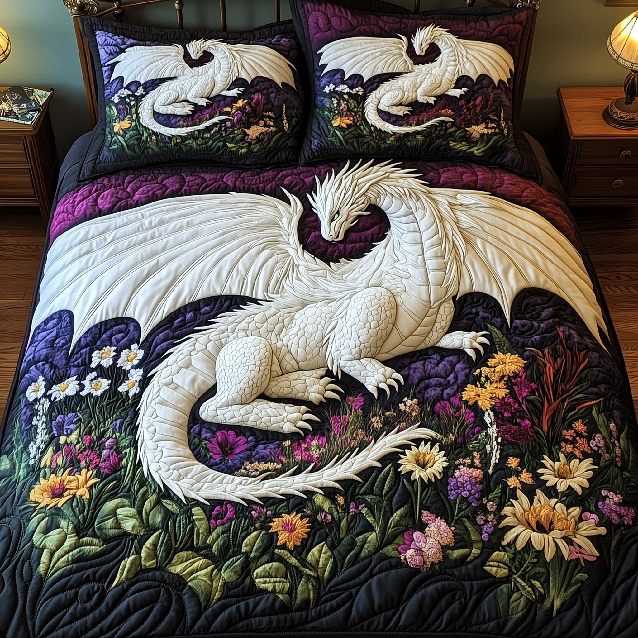Dragon of Blossom Field Quilted Bedding Set Duvet Cover Merchandise Dragon Gift Ideas