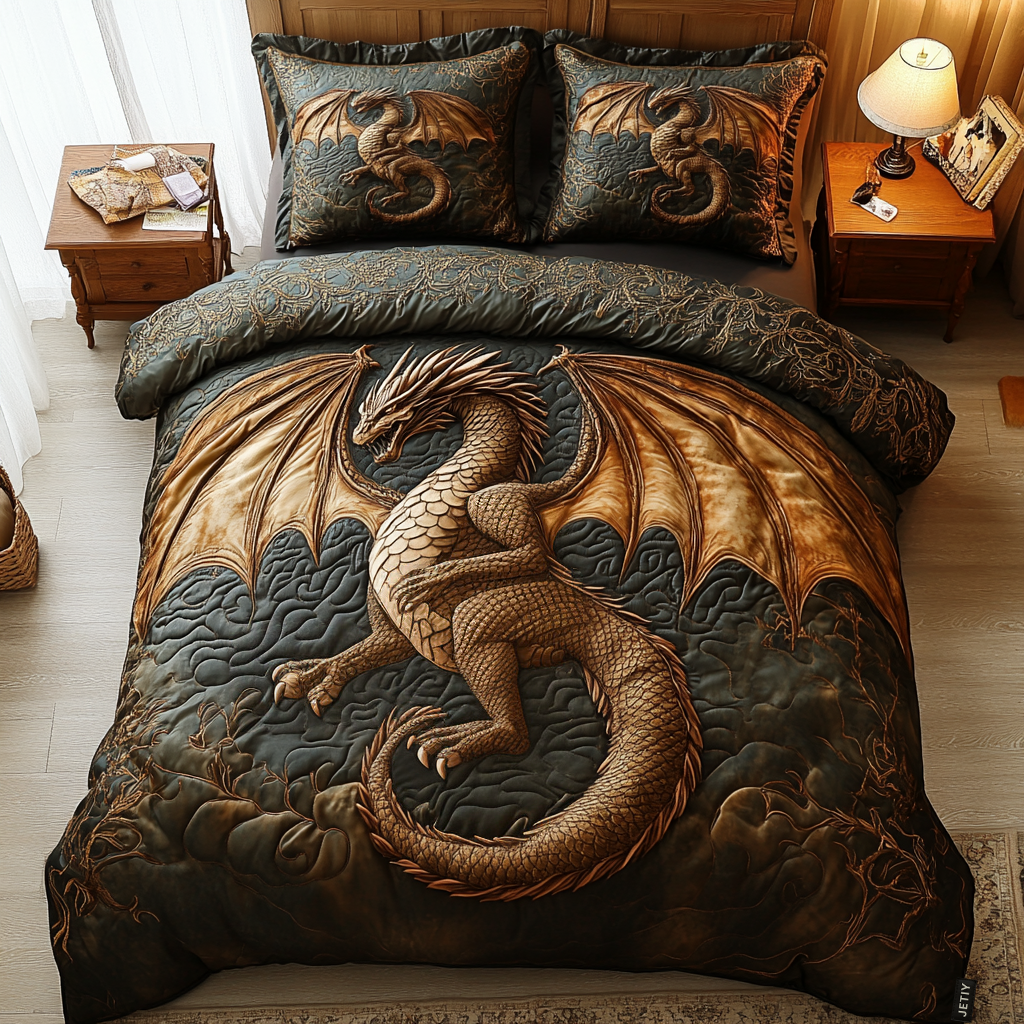 Dragon Quilted Bedding Set Bed Decor Cool Gifts For Dragon Lovers