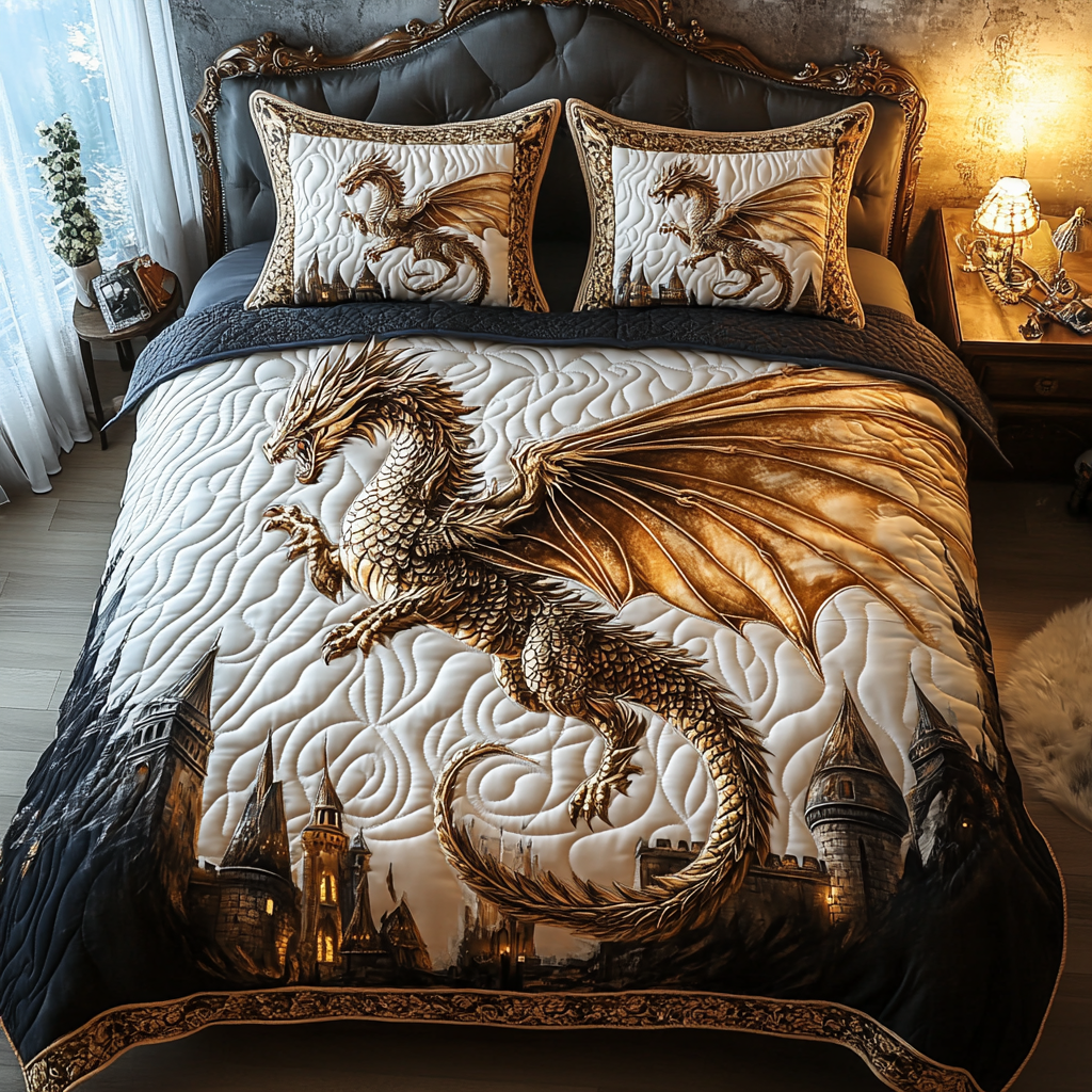 Dragon Quilted Bedding Set Bed Decor Cool Gifts For Dragon Lovers