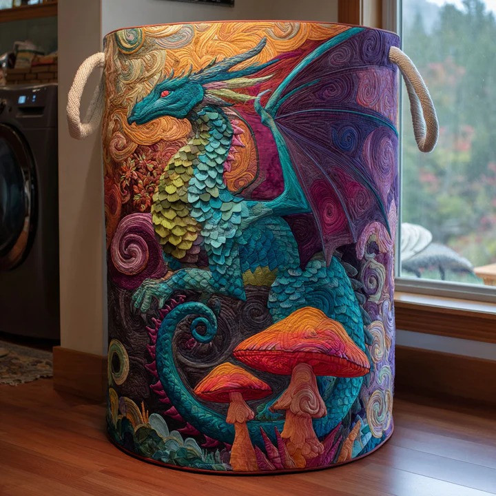 Dragon Realm Fantasy Quilted Laundry Basket Mythical Fire Beast Home Organizer Gift For Dragon Lovers
