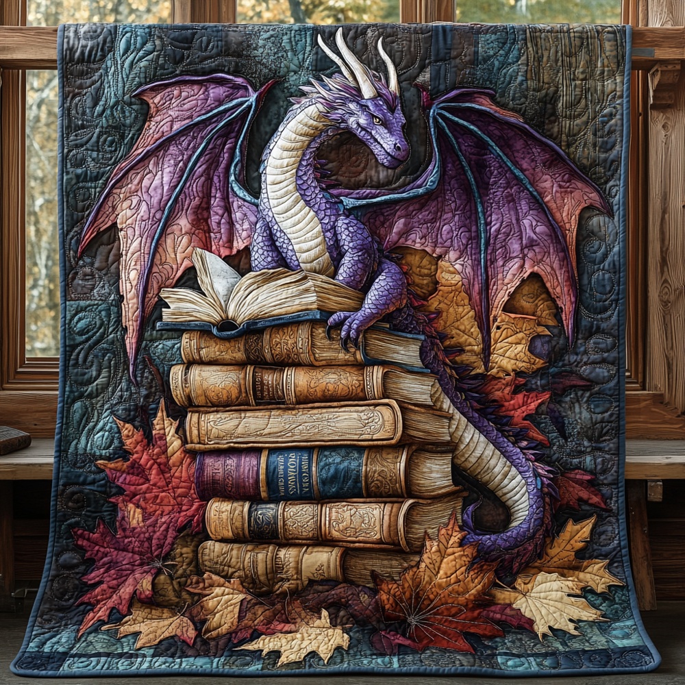 Dragon Rune Autumn Books Quilted Blanket Purple Dragon Fall Leaves Throw Best Gift For Dragon Lovers