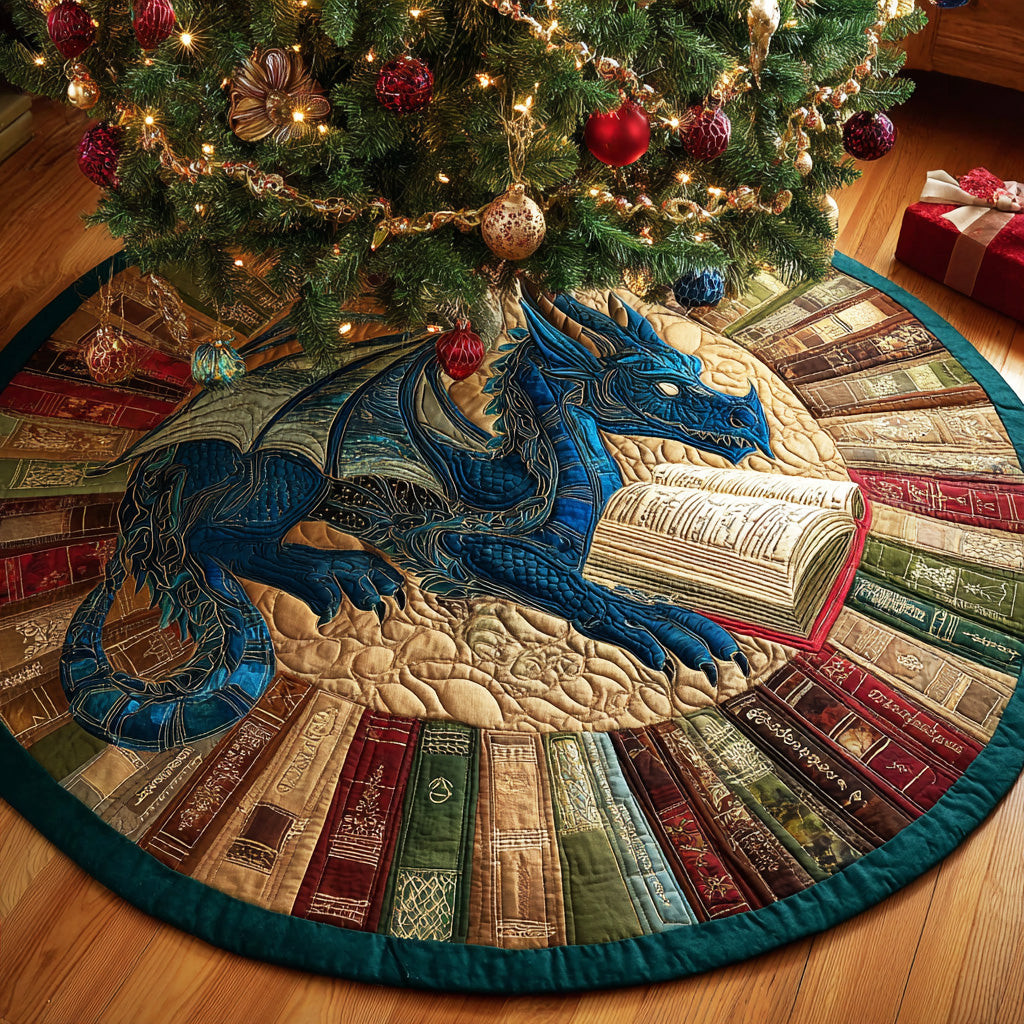Dragon Scroll Guardian Christmas Quilted Tree Skirt Dragon Design Christmas Gifts For Book Owners