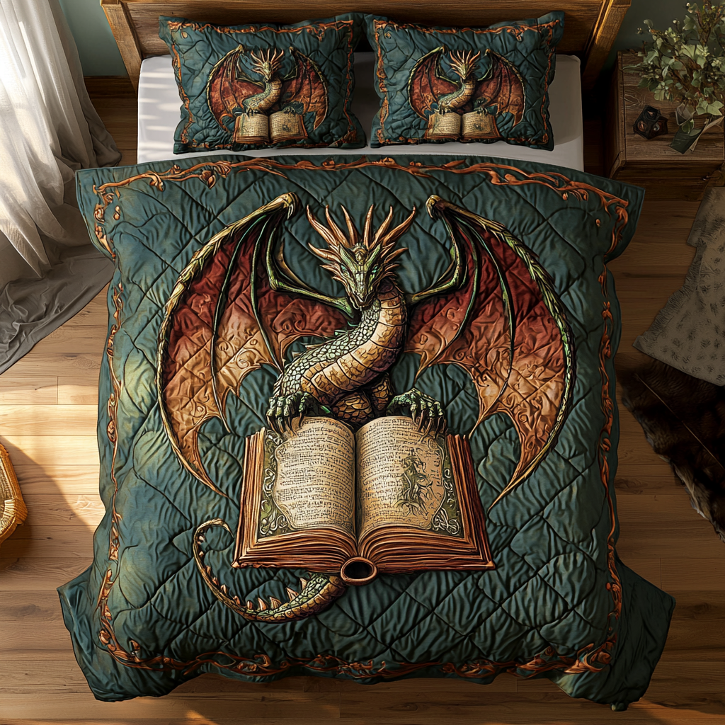 Dragon Scroll Quilted Bedding Set Best Bed Sheet Set Gift For Dragon Lover