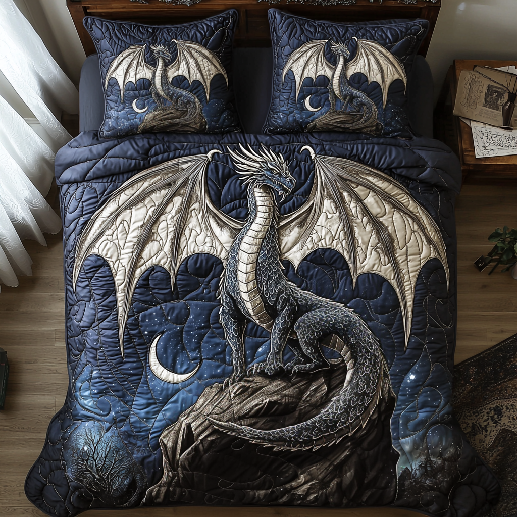 Dragon Silver Moon Quilted Bedding Set Cute Room Decor Best Gift For Dragon Lovers
