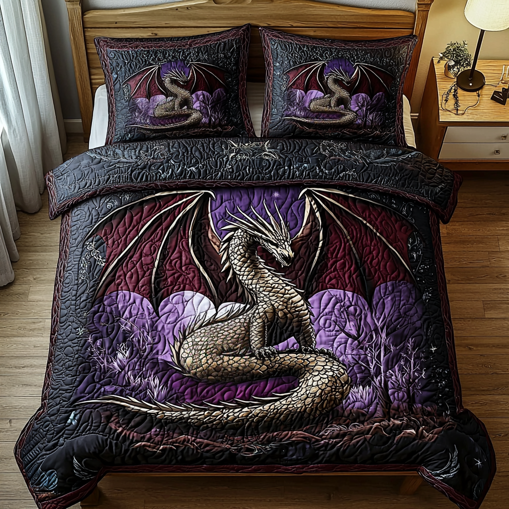 Dragon Silver Wings Quilted Bedding Set Cute Room Decor Dragon Themed Gifts